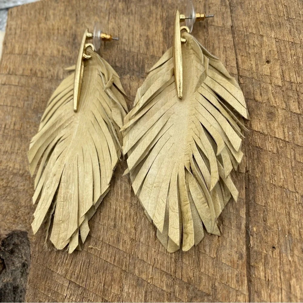 Faux Leather Beige Fringed Feather Earrings